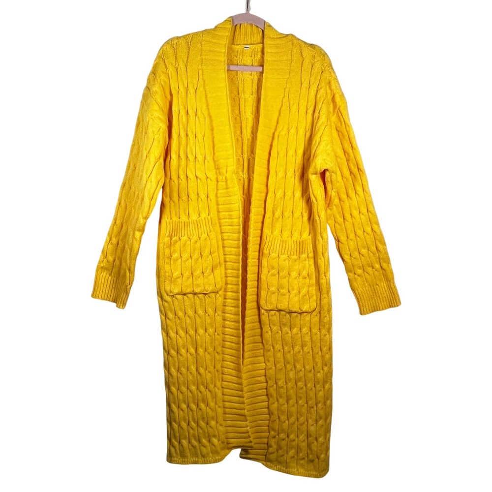 Yellow Cable Knit Longline Duster Cardigan Sweater XXL Open Front Pockets Cozy